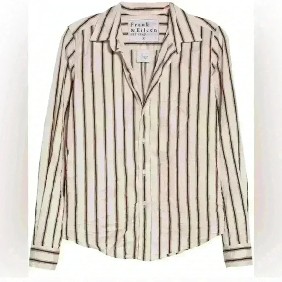 Frank & Eileen Barry Crinkle Top Camel Stripe Button Up Collared Shirt S - Picture 1 of 7